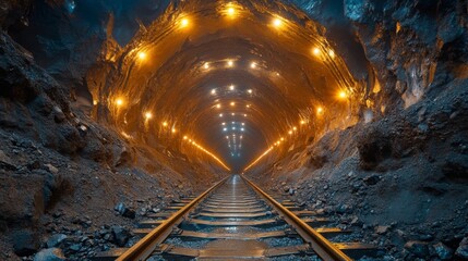 Leinwandbilder - Rail tracks lead into a brightly lit underground tunnel, highlighting the mining and excavation activities along with mineral processing efforts in the quarry environment.