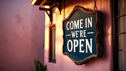 Poster - Come in, weâ€™re open, retro sign against a pink wall.