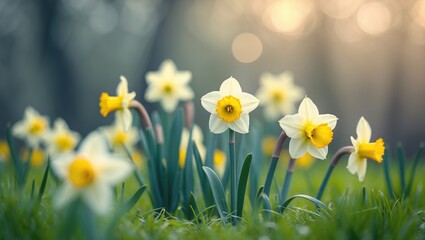 Aufkleber - Daffodils in a stunning natural setting with bokeh in the background.