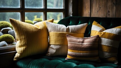 Aufkleber - Cozy window nook featuring textured cushions and a soft blanket, ideal for unwinding in a warm atmosphere.