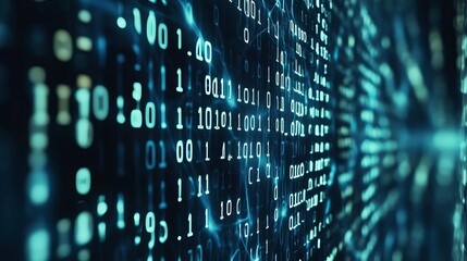 Illuminated binary code streams across a dark screen with a blue glow emanating from the data flow