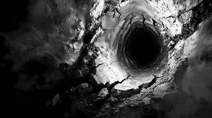 Wall Mural - abstract grayscale image depicting a fractured tunnel with light. fractured void. illustration