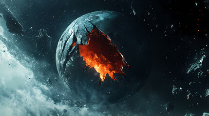 Wall Mural - dramatic 3d rendering of a fractured and damaged planet earth experiencing a fiery global catastroph