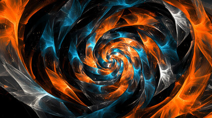 Wall Mural - fractured orange and blue shards exploding in a 3d spiral glowing vividly against a black void in a 