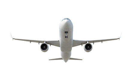 flying airplane ascending into clear sky from below with landing gear