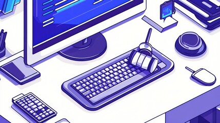 Modern Workspace Illustration featuring Computer and Office Supplies, Ideal for Technology and Business Themes in Stock Photography
