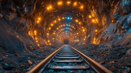 Leinwandbilder - Illuminated mine tunnel features a series of bright lights highlighting the rocky walls. Railway tracks stretch into the distance, indicating active mineral extraction operations.