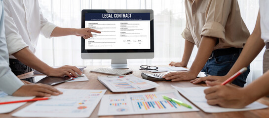 Poster - Digital legal contract provide terms and conditions document on computer screen ready for online digital signature for deal agreement of future business brisk