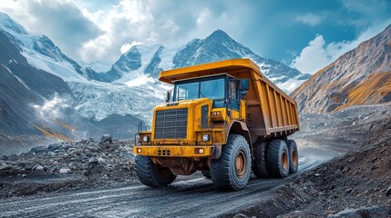 Aufkleber - A robust dump truck navigates a rocky terrain, transporting valuable minerals amid towering mountains. Clear skies provide bright visibility for mining operations.