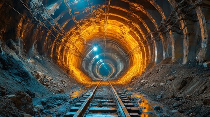 Leinwandbilder - A well structured tunnel used for mineral extraction featuring railway tracks leading deep into the earth, illuminated by bright lights reflecting on the rocky surfaces.