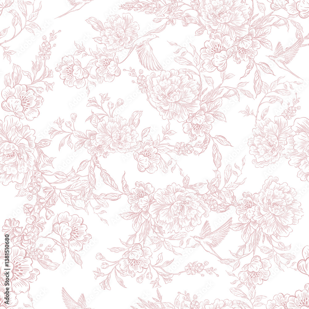 Tender Floral pink seamless pattern, Elegant Line Art Design Stock ...