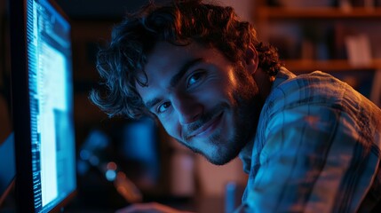 Man with curly hair looking at computer screen with code in a dimly lit room with a playful expression