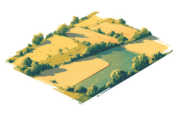 isometric terrain of plain with yellow wheat fields. illustration isolated on transparent background