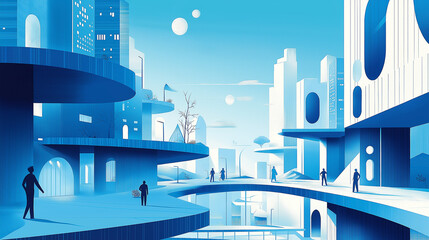 Aufkleber - Citizens walking in futuristic city with blue monochromatic color palette