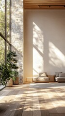 Fototapete - Warm sunlight cascades through large windows, highlighting the natural textures of a minimalist interior. Comfortable seating invites relaxation amid lush greenery