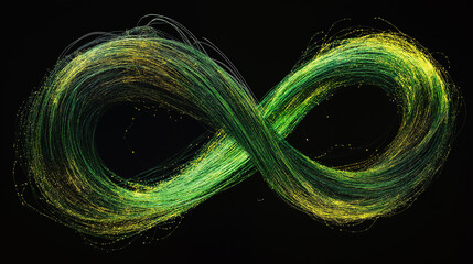 Aufkleber - Green and yellow fiber optic strands forming infinity symbol on black background