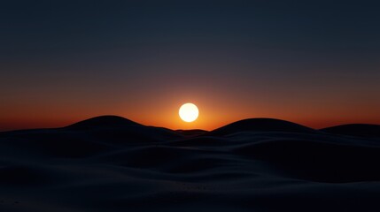 Wall Mural - Golden sunlight casts a warm glow as it sets behind rolling sand dunes. The vibrant colors of twilight contrast beautifully with the quiet night sky, creating a peaceful atmosphere