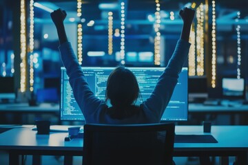 programmer celebrating success with arms raised at night in high-tech workspace with glowing monitor