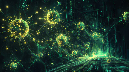 A visualized antivirus program sweeping through a digital network, erasing glowing spyware remnants in its path. Erased Path. Illustration