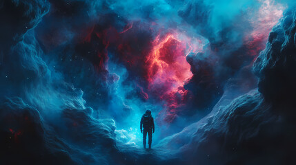 Wall Mural - a mysterious astronaut in a colorful cosmic nebula: exploring the depths of space with vivid blue an