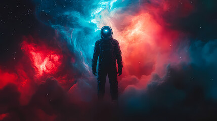Wall Mural - a mysterious astronaut in a colorful cosmic nebula: exploring the depths of space with vivid blue an