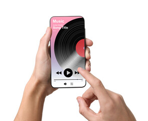 man using mobile phone to listen to music on white background, closeup. open music player app on dev