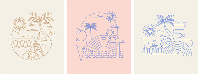 minimalist summer concept design. linear simple, modern style. summer background with palms, beach, 