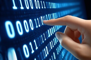 Leinwandbilder - Human hand touching glowing binary digits on digital interface representing user interaction, programming and futuristic data systems, Generative AI