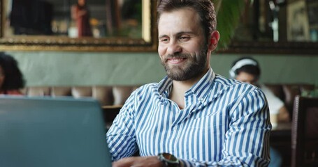 Aufkleber - Man, laptop and happy in cafe for remote work, new opportunity and typing email for advice. Writer, smile and computer in restaurant for business article, forum discussion and positive feedback