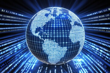 Fototapete - Digital globe built from binary code lines and glowing grid representing futuristic world of coding, data and global information systems, Generative AI
