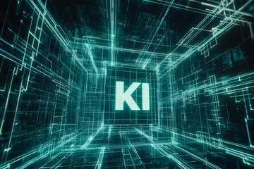 Leinwandbilder - Glowing digital cube with KI letters representing artificial intelligence and futuristic data network structure in virtual space, Generative AI
