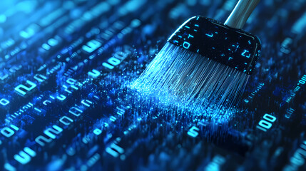 A digital brush sweeping away the dust on blue binary code background, symbolizing cleaning up data. Memory Dust. Illustration