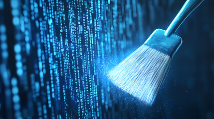 A digital brush sweeping away the dust on blue binary code background, symbolizing cleaning up data. Memory Dust. Illustration