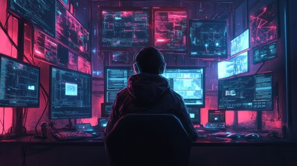 Cyberpunk hacker immersed in code filled screens in a darkened room setting