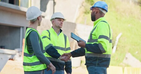 Poster - Handshake, engineering people or tablet on construction site for welcome, proposal or building collaboration. Architect team, hello or inspector man with tech for introduction to property development