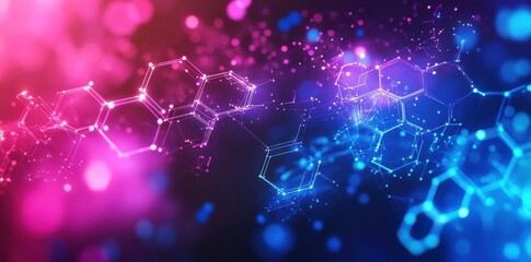 Futuristic abstract background with glowing hexagons, connecting dots, and vibrant blue, purple, and pink tones. Technology and digital design concept, ideal for presentations.