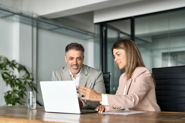 Fototapete - Two professional business executives working together at office meeting. Mature male manager consulting client or colleague looking at laptop discussing digital AI project planning corporate strategy.