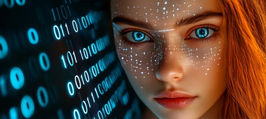 Woman Merging With Technology, Futuristic Portrait With Binary Code Overlay And Glowing Blue Eyes,