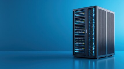 Wall Mural - modern data center server rack with blue lights in a futuristic digital environment