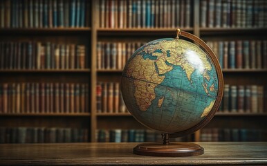 vintage globe on wooden table in library background with soft warm lighting and nostalgic style