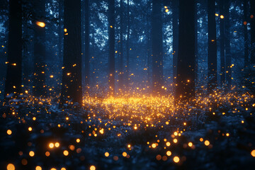 Wall Mural - a firefly swarm illuminating a summer forest at dusk. concept of bioluminescence and nocturnal encha
