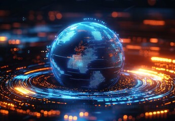 Futuristic Digital Globe with Neon Data Rings Holographic Interface Cyberpunk Aesthetic Illustration