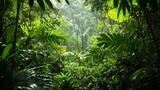 Lush green jungle canopy, thick leaves covering the view, creating a peaceful natural setting generative ai