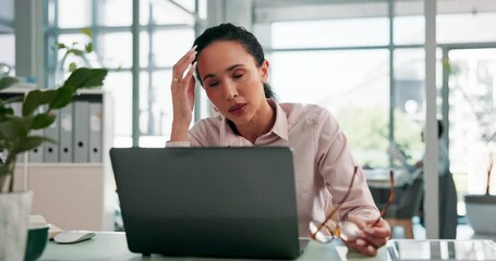 Fototapete - Business, headache and woman with stress, laptop and pressure with deadline, company audit and confused. Person, financial clerk or employee in office, migraine or doubt with profit crisis or mistake