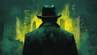 © Atmospheric stock - Mysterious figure in dark cityscape with fedoras and urban skyline at night