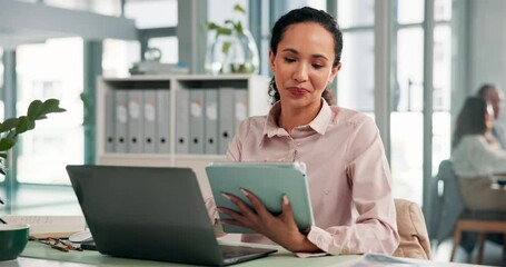 Leinwandbilder - Laptop, tablet and businesswoman in office with email for legal contract for corporate company. Happy, research and attorney with computer and digital technology for contact on civil law report.