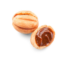 Wall Mural - sweet walnut shaped cookies with boiled condensed milk on white background