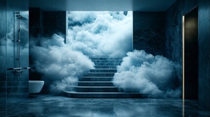 Aufkleber - Mysterious cloudy staircase modern bathroom interior design dreamy ambience artistic composition