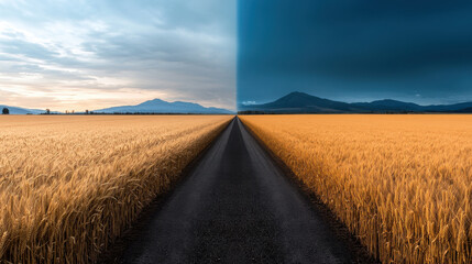 Wall Mural - balance and regeneration concept, surreal landscape with contrasting day and night skies over golden