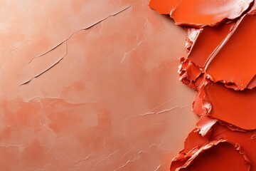 Poster - Close up of textured orange paint strokes on a brown surface with speckled white elements a border on right and diagonal marks on left